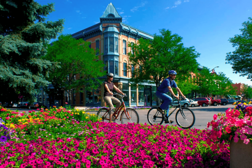 people biking by flowers